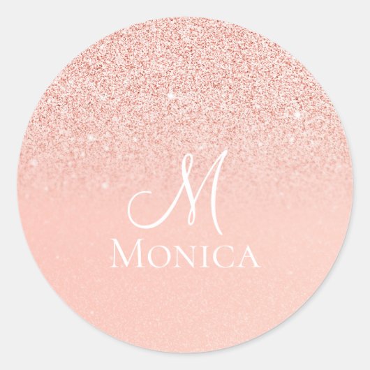 Moderne Roze Glitter glinstert monogram naam Ronde Sticker (Voorkant)