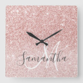 Moderne roze glitter heeft persoonlijke naam vierkante klok (Voorkant)