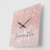 Moderne roze glitter heeft persoonlijke naam vierkante klok (Hoek)