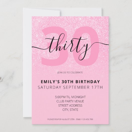 Moderne roze glitter legant script 30th Birthday Kaart (Voorkant)