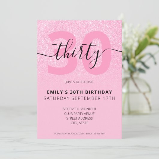 Moderne roze glitter legant script 30th Birthday Kaart (Staand voorkant)
