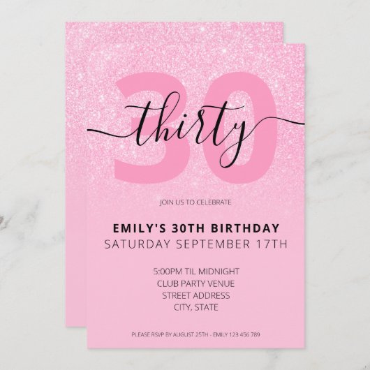 Moderne roze glitter legant script 30th Birthday Kaart (Voorkant / Achterkant)