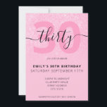 Moderne roze glitter legant script 30th Birthday Kaart<br><div class="desc">Moderne Pastel Pink Glitter 30th Birthday Invitation. Minimalistisch ontwerp voor de sjabloon van de 30e verjaardagsuitnodiging met elegante kalligrafie handgeschreven scriptlettertype.</div>