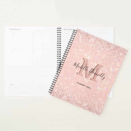 Moderne Roze Glitter Monogram Naam 2026 Planner (Display)