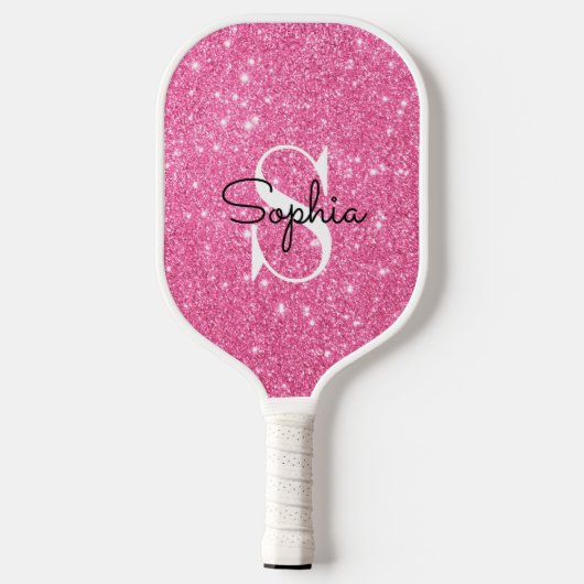 Moderne roze Glitter Monogram Persoonlijke naam Pickleball Paddle (Achterkant)