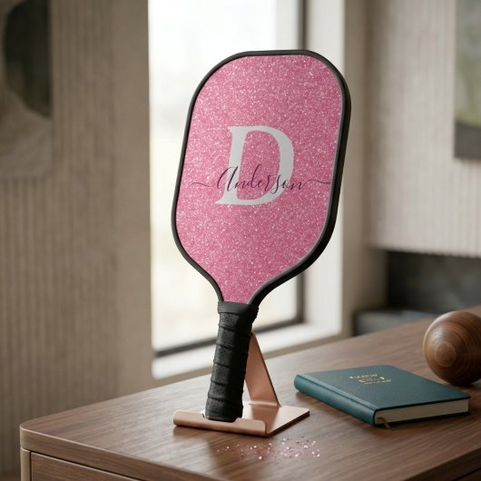 Moderne Roze Glitter Monogram Persoonlijke Naam Pickleball Paddle