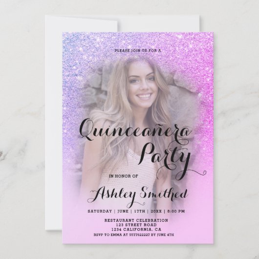 Moderne roze glitter ombre foto Quinceañera Kaart (Voorkant)