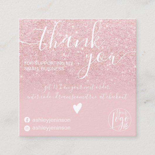Moderne roze glitter ombre orde bedankt vierkante visitekaartje (Voorkant)