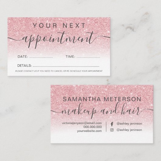 Moderne roze glitter ombre white professional afsprakenkaartje (Voorkant / Achterkant)