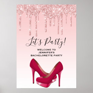 Moderne roze glitter-riemen & heels-bachelorette poster