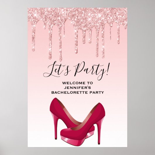 Moderne roze glitter-riemen & heels-bachelorette poster (Voorkant)