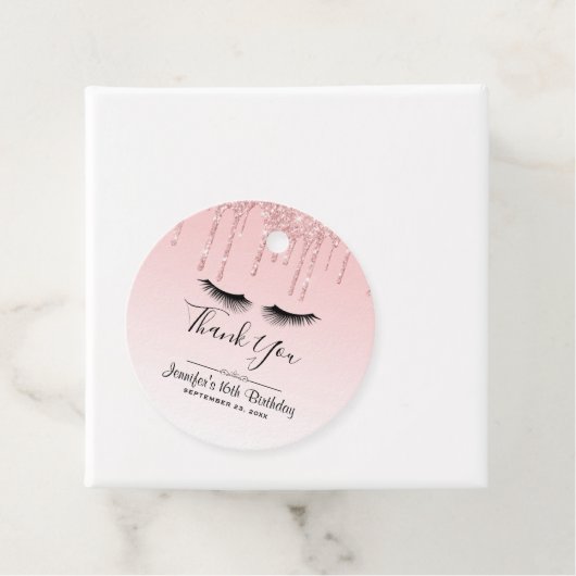 Moderne roze glitter-schijven en zwarte Eyelashes Bedankjes Labels (In situ)