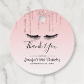 Moderne roze glitter-schijven en zwarte Eyelashes Bedankjes Labels (Voorkant)