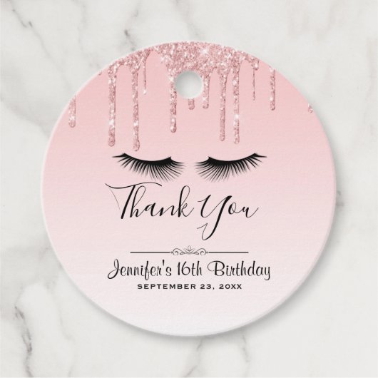 Moderne roze glitter-schijven en zwarte Eyelashes Bedankjes Labels (Voorkant)