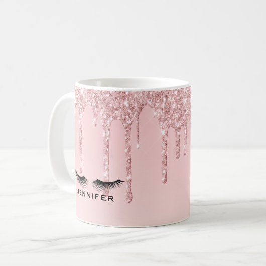 Moderne roze glitter-schijven en zwarte Eyelashes Koffiemok (Voorkant links)