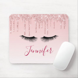 Moderne roze glitter-schijven en zwarte Eyelashes Muismat