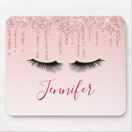 Moderne roze glitter-schijven en zwarte Eyelashes Muismat