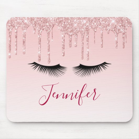Moderne roze glitter-schijven en zwarte Eyelashes Muismat (Voorkant)