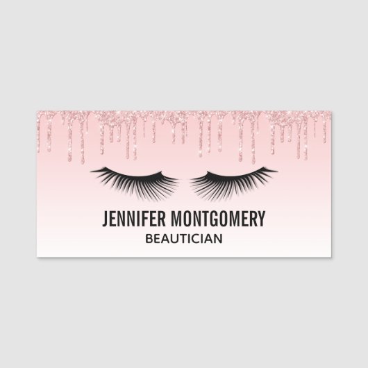 Moderne roze glitter-schijven en zwarte Eyelashes Naamplaatje (Voorkant)