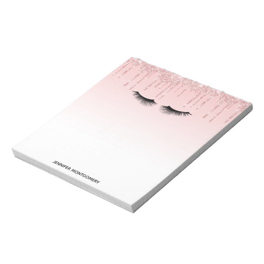 Moderne roze glitter-schijven en zwarte Eyelashes Notitieblok (Linkerzijde)