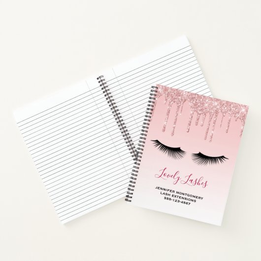 Moderne roze glitter-schijven en zwarte Eyelashes Notitieboek (Binnen)