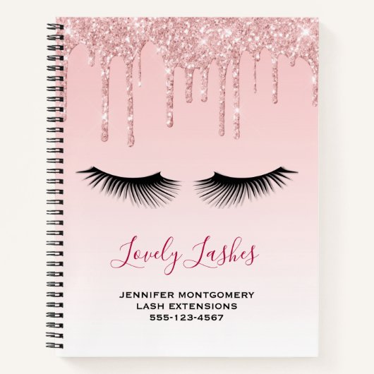 Moderne roze glitter-schijven en zwarte Eyelashes Notitieboek (Voorkant)