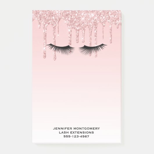 Moderne roze glitter-schijven en zwarte Eyelashes Post-it® Notes (Voorkant)