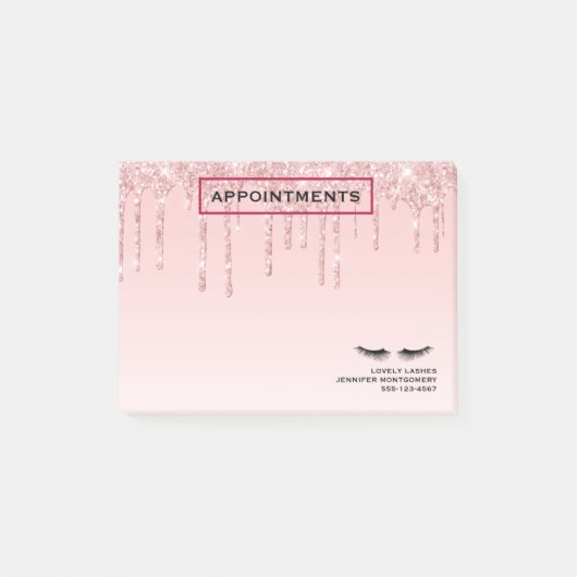 Moderne roze glitter-schijven en zwarte Eyelashes Post-it® Notes (Voorkant)