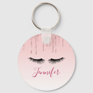 Moderne roze glitter-schijven en zwarte Eyelashes Sleutelhanger