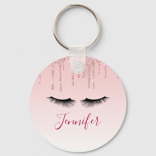 Moderne roze glitter-schijven en zwarte Eyelashes Sleutelhanger (Voorkant)