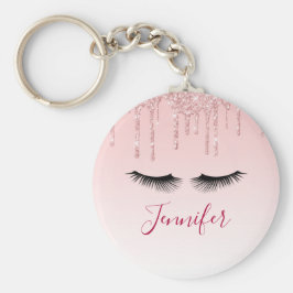 Moderne roze glitter-schijven en zwarte Eyelashes Sleutelhanger