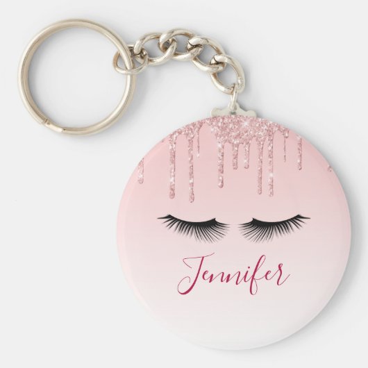 Moderne roze glitter-schijven en zwarte Eyelashes Sleutelhanger (Voorkant)