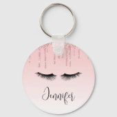 Moderne roze glitter-schijven en zwarte Eyelashes Sleutelhanger (Voorkant)