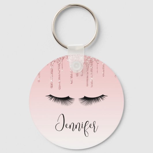 Moderne roze glitter-schijven en zwarte Eyelashes Sleutelhanger (Voorkant)