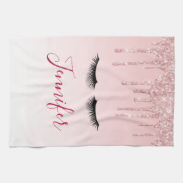 Moderne roze glitter-schijven en zwarte Eyelashes Theedoek