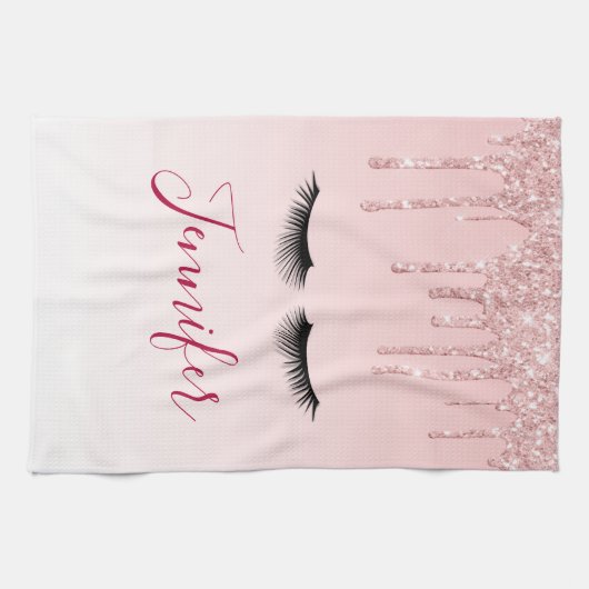 Moderne roze glitter-schijven en zwarte Eyelashes Theedoek (Horizontaal)