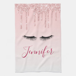 Moderne roze glitter-schijven en zwarte Eyelashes Theedoek