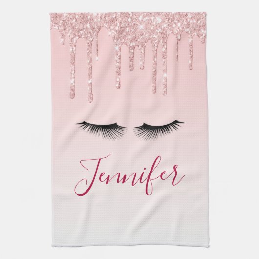 Moderne roze glitter-schijven en zwarte Eyelashes Theedoek (Verticaal)