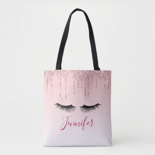 Moderne roze glitter-schijven en zwarte Eyelashes Tote Bag (Voorkant)