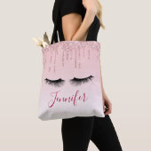 Moderne roze glitter-schijven en zwarte Eyelashes Tote Bag (Dichtbij)