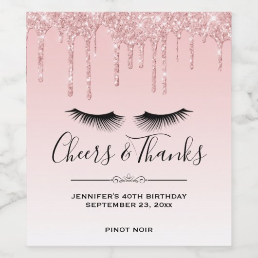 Moderne roze glitter-schijven en zwarte Eyelashes Wijn Etiket (Enkel label)
