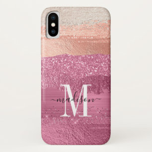 Moderne roze glitter Sparkle Monogram Borstel Case-Mate iPhone Case