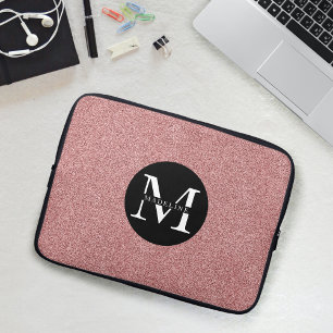 Moderne Roze Glitter Sparkle Monogram Naam Laptop Sleeve