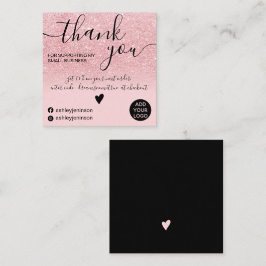 Moderne roze glitter sparkles chic order bedankt vierkante visitekaartje (Voorkant / Achterkant)
