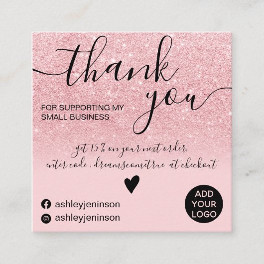 Moderne roze glitter sparkles chic order bedankt vierkante visitekaartje (Voorkant)