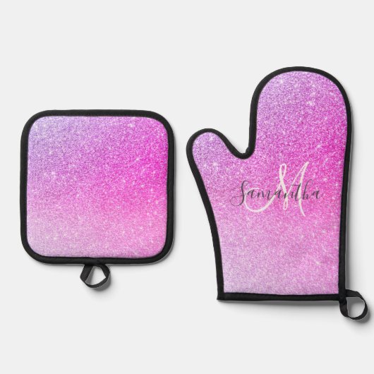 Moderne roze glitter Sparkles Persoonlijk Ovenwant & Pannenlap Set (Voorkant)
