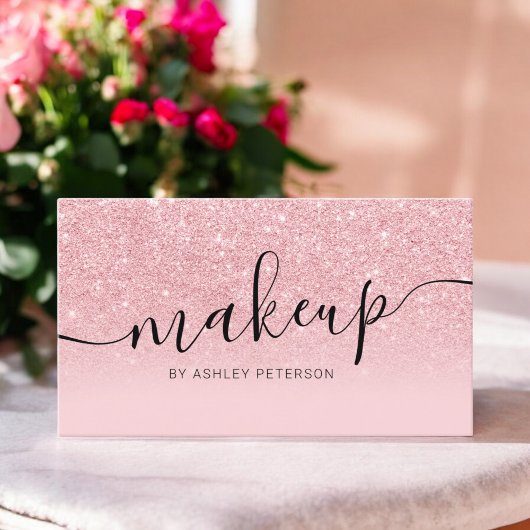 Moderne roze glitter sparkles script make-up visitekaartje