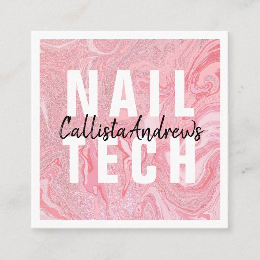 Moderne Roze Glitter Vloeibare Marmeren Nail Tech Vierkante Visitekaartje (Voorkant)