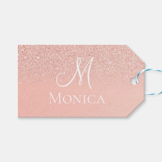 Moderne roze glitters glanzende monogram naam cadeaulabel (Voorkant (Horizontaal))