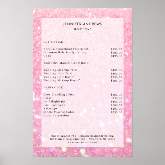 Moderne, roze glittersalon prijstlijst Poster (Voorkant)